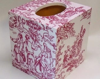 Made To Order, Handmade Decoupage Wood Tissue Box, French Toile, Burgundy & Off White