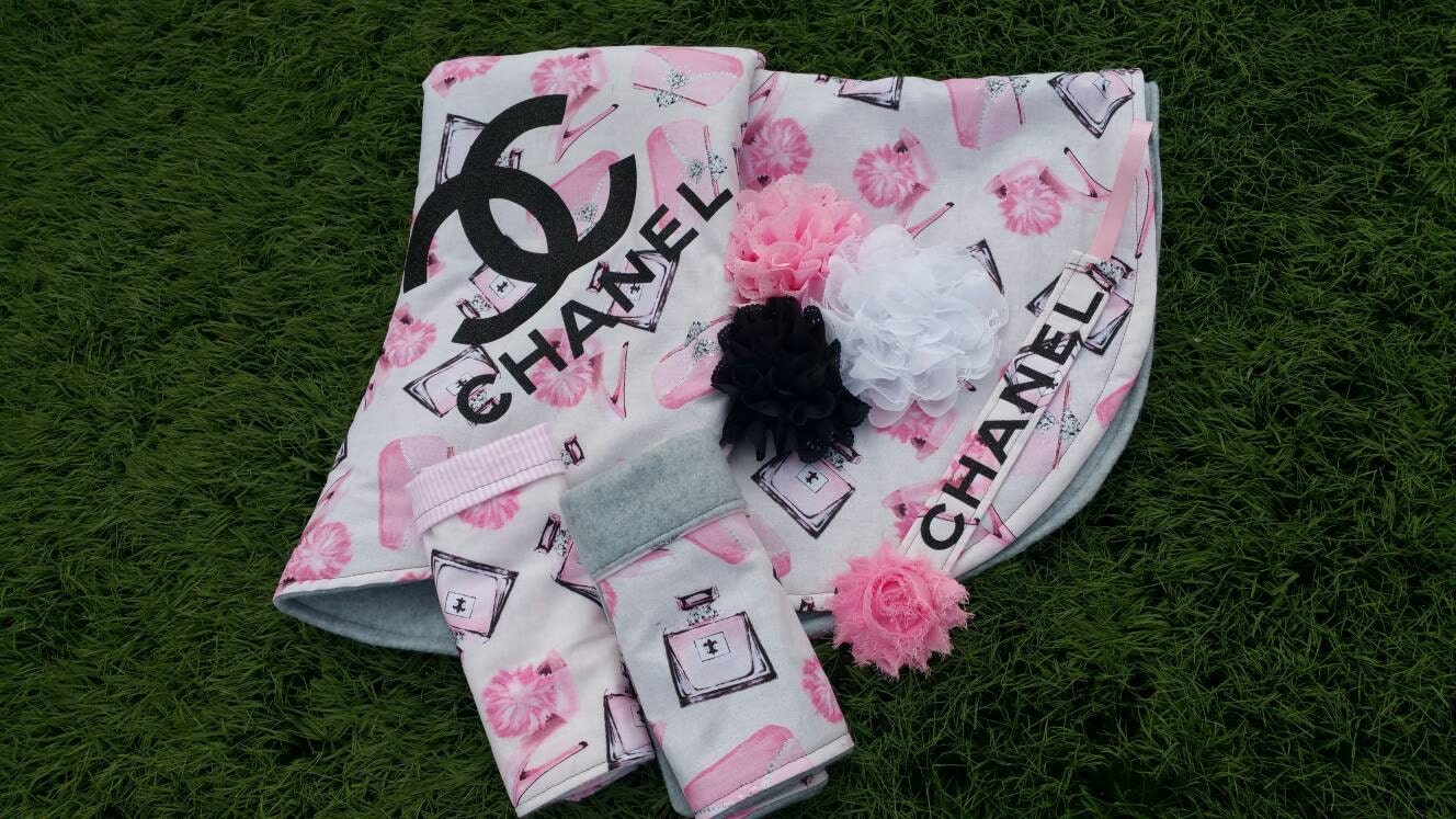 Chanel inspired set. Tummy time blanket. Burp cloths. Pacifier
