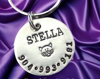 Cat Id Tag - Hand stamped Pet Tag - Custom id Tag - Choice of Metals, fonts, symbols