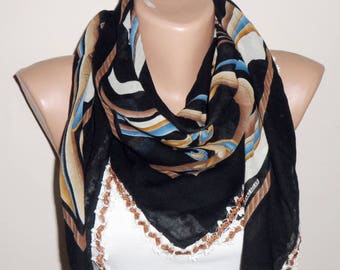 black scarf brown flower blue white cotton scarf turkish scarf yemeni scarf oya scarf woman scarf fashion accessories gif for her