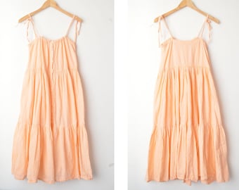 peach button down boho summer midi dress 70s // M-L