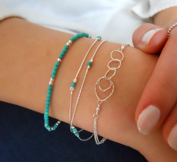 Double Strand Silver & Turquoise Bracelet Sterling Silver
