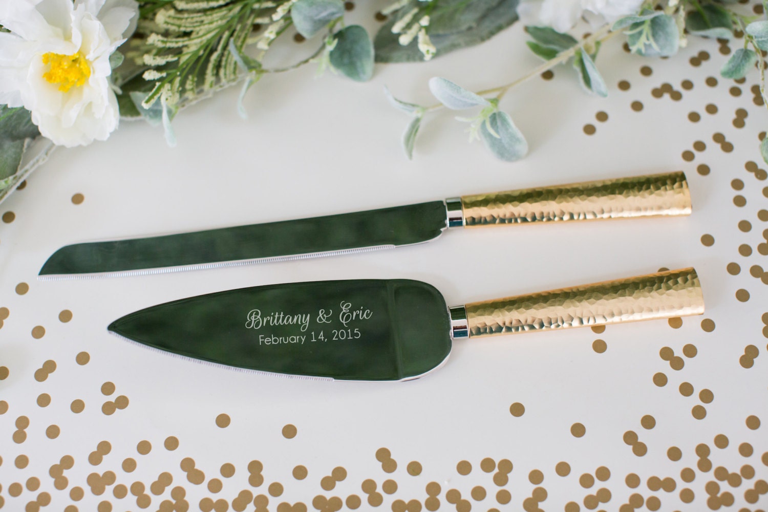 Personalized Hammered Gold Wedding Cake Knife and Server Set