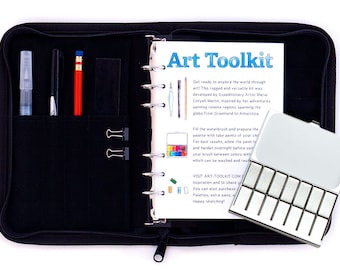 The Art Toolkit: a Travel Watercolor Sketching Kit with Pocket Palette, Waterbrush, 6 Ring Binder, and Cordura Cover.