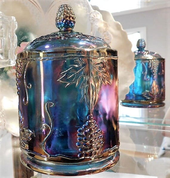 Indiana Harvest Blue Iridescent Carnival Glass Grape and Leaf Canister Cookie Jar 1960s 60s Mid Century Vintage Country Cottage Home Decor