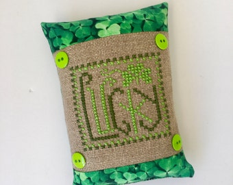 St. Patrick's Day lucky shamrock cross stitch pillow, pin cushion, finished, completed