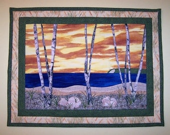 Quilted Fabric Art Wallhanging - Birch Trees on the Beach at Sunset - Landscape Quilt