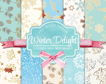 Winter digital paper : Winter Delight, Christmas digital paper, snowflake patterns | planner stickers, graphics resources, Fabric, Backdrop