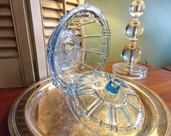 Vintage Blue Glass Bowl and Cover, Cottage Chic Covered Serving Bowl