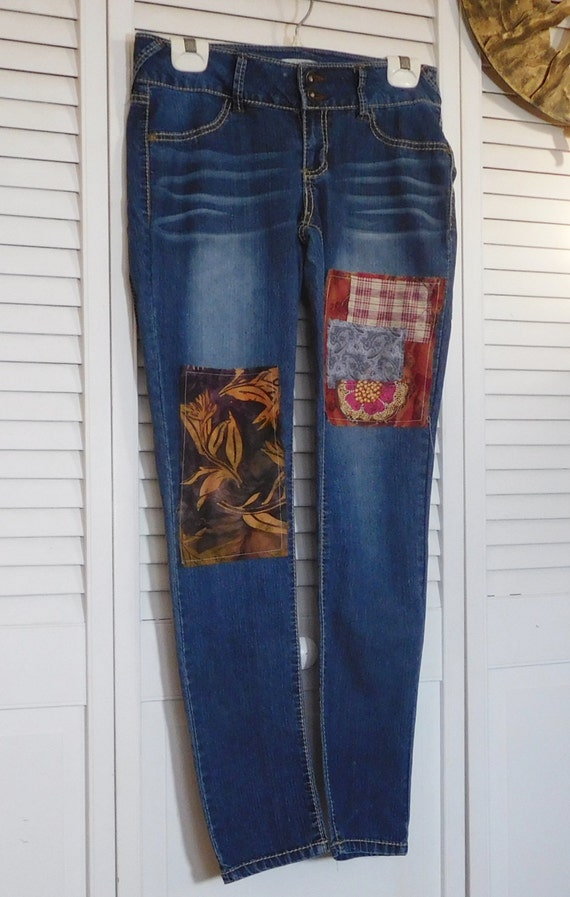 Hippie Jeans Skinny Leg Patched Denim Hipster Clothes Upcycled