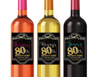 Personalized 80th Birthday Custom Wine Labels, Cheers to 80 Years, 80th Birthday Gift, 80th Party, Vintage Aged to Perfection 80th Printable