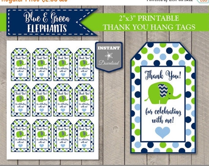 SALE INSTANT DOWNLOAD Blue and Green Elephant Baby Shower Printable 2"x3" Thank You Hang Tags / Item #2606