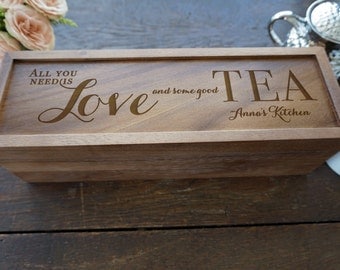 Personalized Tea Box, Rustic Wood Tea Box, Custom Tea storage chest, Tea lovers gift, Wood kitchen 4 compartment storage box engraved lid