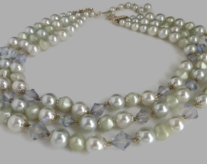 Japan Faux Pearl Necklace, Vintage Triple Strand Necklace, Faux Pearl & Faceted Beads Necklace