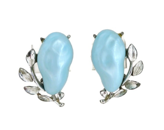 BSK Blue and Silver Tone Leaf Earrings, Vintage Kidney Shape Clip-on Earrings