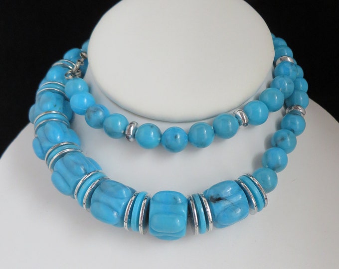 Vintage Blue Beaded Necklace, Chunky Drum Bead Necklace