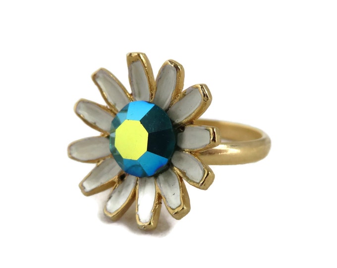 Weiss Daisy Ring, Vintage Enamel Flower Ring, Goldtone Adjustable Ring, Signed Weiss Jewelry