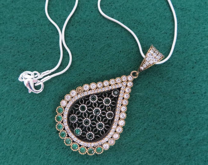 Sterling Silver Emerald Pendant - Vintage Teardrop Gemstone Pendant Necklace, Gift for Her