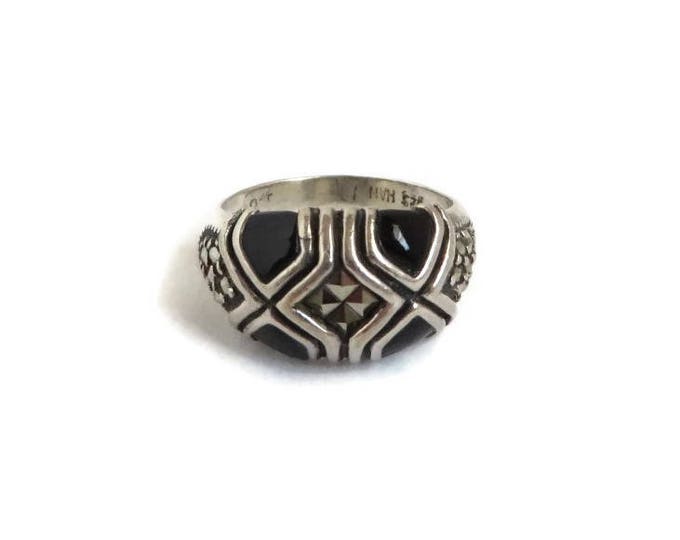 Sterling Silver Onyx Ring - Vintage Black Onyx and Marcasite Dome Ring, Size 6, Holiday Gift