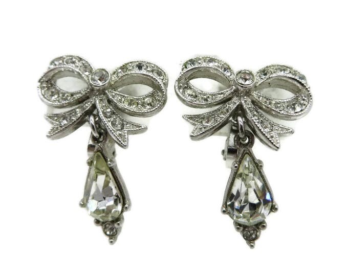 Rhinestone Bow Earrings - Vintage Signed ORA Crystal Dangle Clip-on Earrings, Bridal Jewelry, Valentine's Day Gift