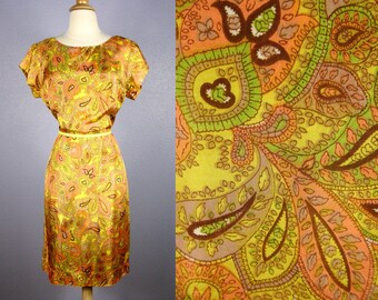 Vintage 60s Dress 1960s SHIFT Dress 50s MOD Dress PAISLEY Print Dress Yellow Dress Retro Dress Wiggle Dress Midi Skirt Atomic Dress