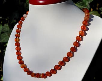 Carnelian necklace. Orange necklace. 8mm carnelian round smooth beads. Orange carnelian beads.