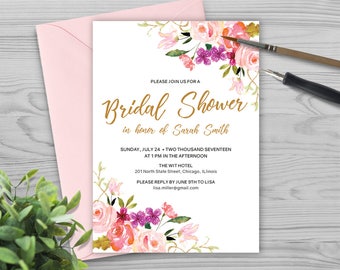 Wedding Shower Invitation Template - Bridal Shower Invitation Template - Watercolor and Flowers - Photoshop Template - PW1712