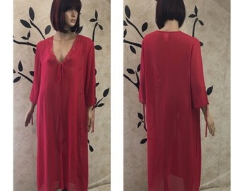 Red robe, See through lingerie, Lasy housecoat, Sexy houes coat, Red housecoat, Vintage bath robe, Size medium house coat