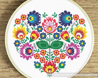 Floral heart cross stitch, Modern cross stitch pattern, Instant download, Gift idea, Floral heart