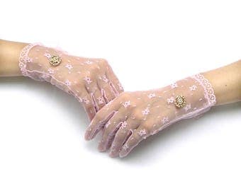 Pink Lace Gloves, Finger Gloves, Pink Gloves, Sheer Gloves, Wedding Gloves, Tea Party Gloves, Finger Gloves with Rhinestone Jewelry