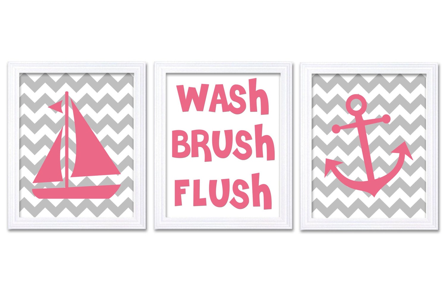 Nautical Nursery Art Bathroom Wash Brush Flush Set of 3 Print Stripe Child Kid Wall Art Pink Gray Gr