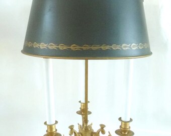 French Dore Three Candle Bouillotte Lamp Tole Shade French Empire Style Swans