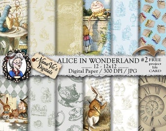 Alice in Wonderland Digital Papers 1: vintage collage sheet, toile patterns, journal Scrapbooking paper, Photography back drop, John Tenniel