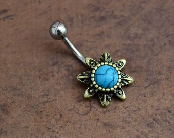 Turquoise Belly 3 Sizes, Short Medium Standard Turquoise Belly Button Ring, Boho Bohemian Belly Button Ring, 14G Surgical Steel 310