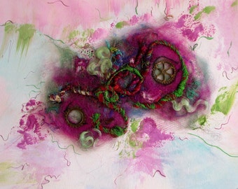 Abstract art, textile art, original artwork, painting mix media, felting & painting "Gears" white or pink fuschia frame 17,3 in / 13,4 in