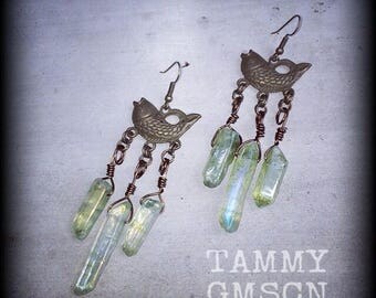 Druzy crystal point antique bronze medieval fish 'Innsmouth' earrings for pierced ears or stretched lobes ear weights 0g 2g 4g 6g 8g