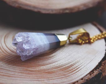 Gold Amethyst Necklace, Raw Purple Amethyst Jewelry, Quartz point crystal necklace