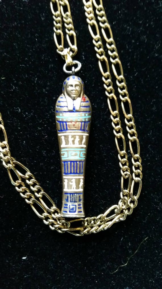 Antique Egyptian Revival Sarcophagus Enamel Mummy Pencil Pendant/Necklace
