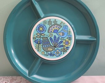 Vintage Divided Serving Dish - 1970s Snack Dish - Hors d'Oeuvres Dish - Serving Platter - Cheeseboard - Tile - Birds - Melamine - Blue