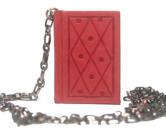 Handmade leather chained book necklace - Cherry Diamonds & Dots