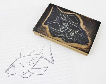 Large Rubber Stamp Vintage Fish Stamp, Fish Rubber Stamp, Vintage Wooden Stamp, Rustic Scrapbook Stamps, Wood Block Stamps, Old School- E271