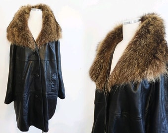 Vtg 60s RACCOON fur LEATHER swing coat - sz M L