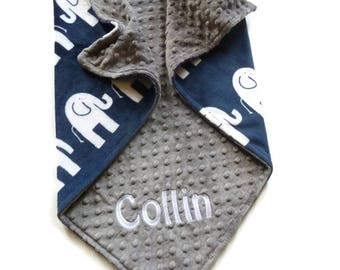 Navy Elephant Personalized Minky Baby Blanket - Personalized Minky Baby Blanket - Baby Girl or Boy Blanket - Double Minky Blanket