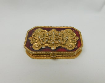 Vintage Estee Lauder Regancy Red Gold Filigree Ornate Solid Perfume Holder Case Box Compact Rectangle Metal Hinged Lid Enamel Vanity Dresser
