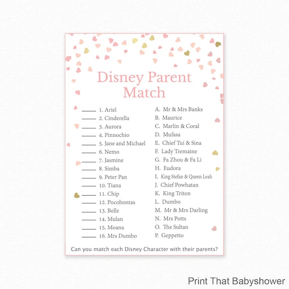 Baby Shower Games Disney Parent Match Game Disney