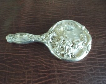 ANTIQUE Sterling Silver Repousse HAND-MIRROR c-1890. Victorian beauty, personal care, wedding, bridal,, gift Japanese Landscape 14 ounces
