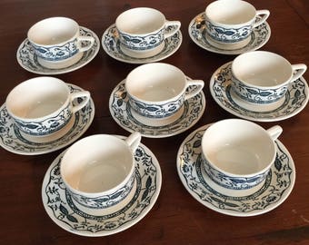 Vintage Cavalier Ironstone, Blue Onion Pattern, Royal China, USA. Eight (8) Cups and Eight (8) Saucers.
