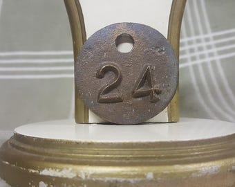 Vintage Double-Sided Heavy Brass Cattle/Livestock Tag 24. Raised Numbers. Patina.