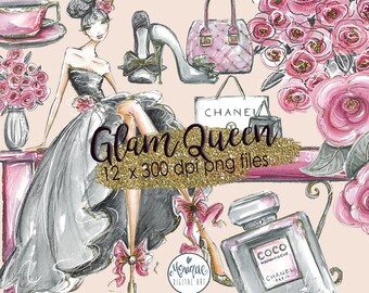 Glam Fashion Clip Art, Fashion Illustration, Bouquet Hand bag Shoes flowers Graphics, Planner Stickers, Planner Girl Digital Cliparts