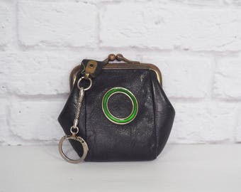 ROLFS Leather Coin Purse Navy Blue with Green Enamel Ring, Vintage Change Purse